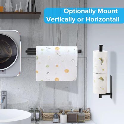 Paper Towel Holder under Cabinet Wall Mounted,  Self Adhesive or Drilling Paper Towel Holder for Kitchen RV, SUS304 Stainless Steel Paper Towel Roll Rack (Black+Silver)
