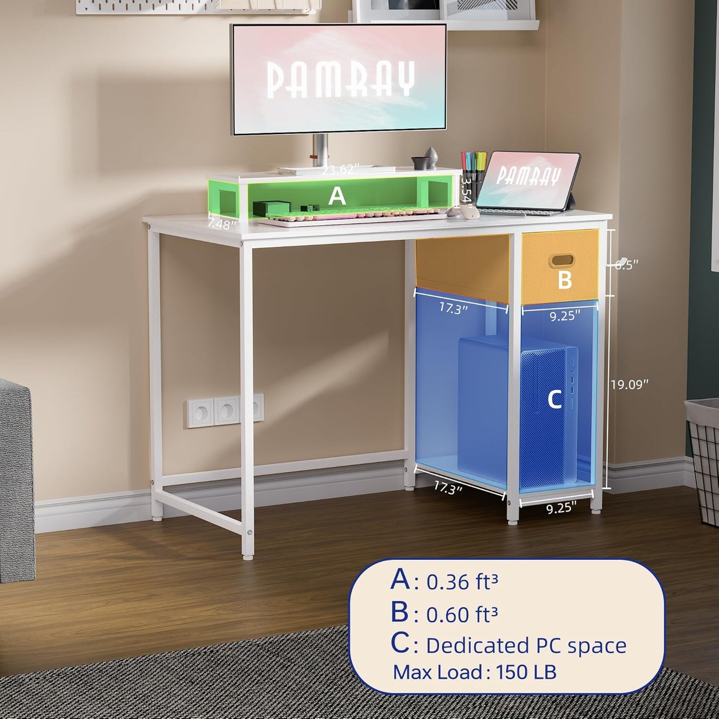 39 Inch Computer Desk with Monitor Stand Small Home Office Desks with Non-Woven Storage Drawer for Bedroom Study Table Writing and Work Desk White,White Leg