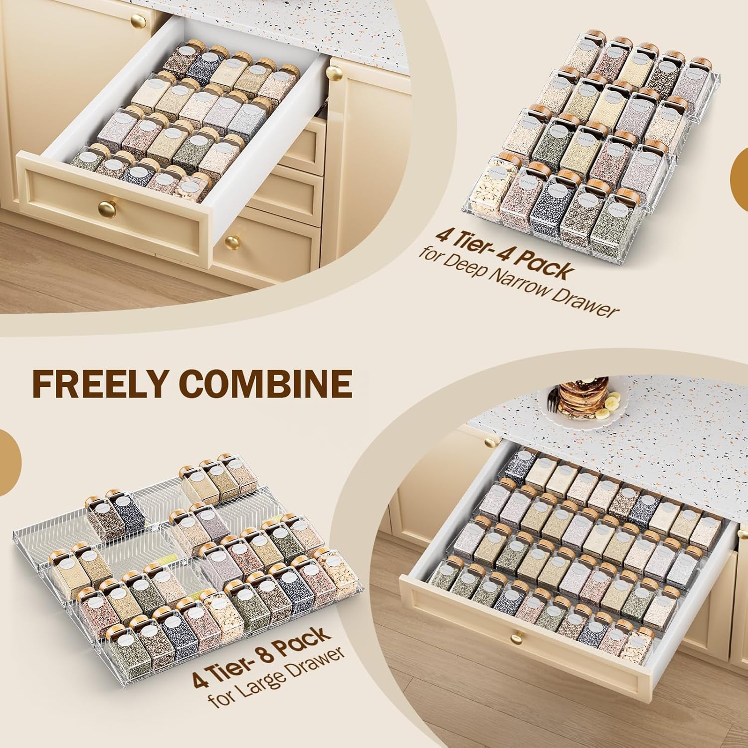 Spice Drawer Organizer, 8 Pack Clear Seasoning Organizer Rack, Kitchen Spice Rack Organizers for Drawer/Countertop (Jars Not Included, Expandable from 11" to 22" Wide)