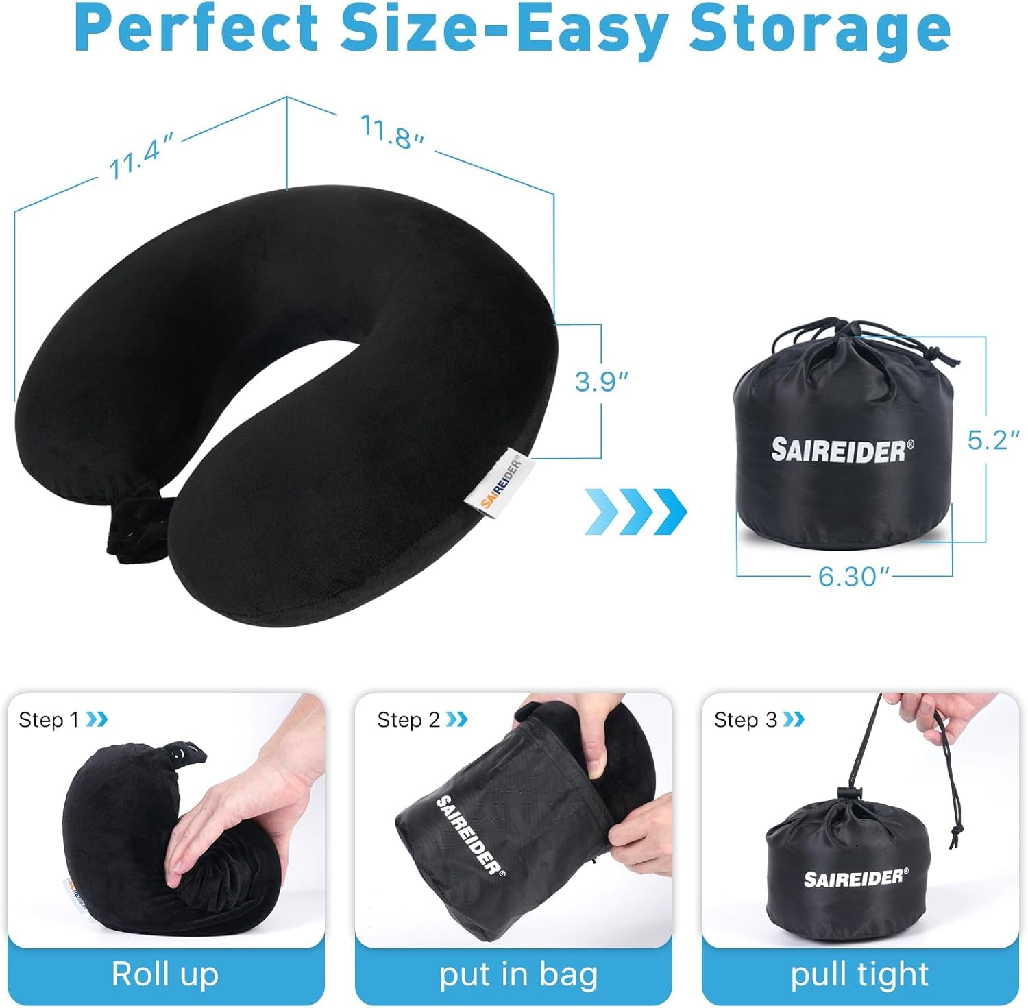 Travel Pillow 100% Pure Memory Foam Travel Neck Pillow with Storage Bag, Airplane Pillow for Traveling、Car、Home、Office，Washable Cover（Black）