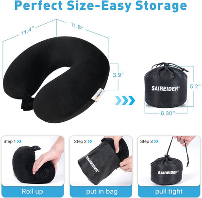 Travel Pillow 100% Pure Memory Foam Travel Neck Pillow with Storage Bag, Airplane Pillow for Traveling、Car、Home、Office，Washable Cover（Black）