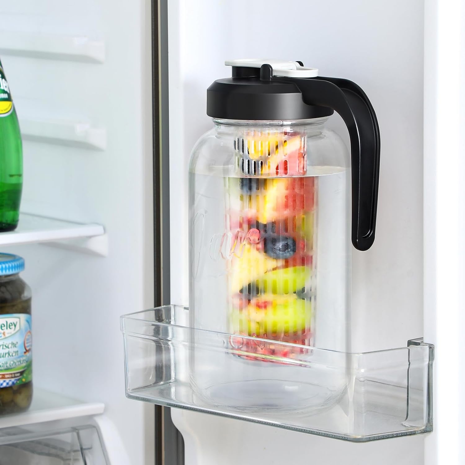 Heavy Duty Mason Jar Fruit Infuser Water Pitcher, Leak-Proof Glass Pitcher with Filter Lid, Wide Mouth Glass Jar - 2 Quart