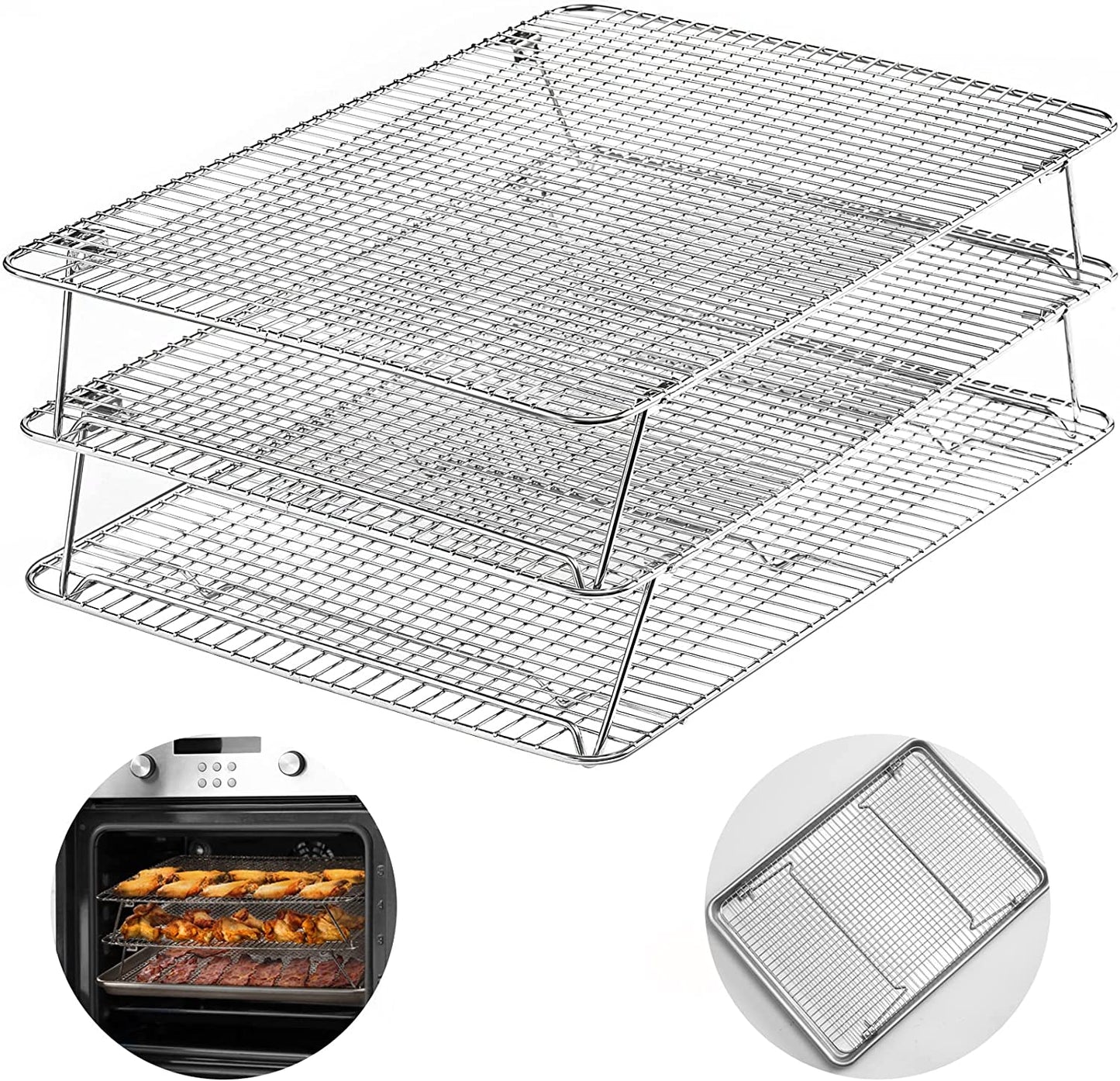 Stainless Steel Stackable Cooling Rack for Baking, 3 Tier 12”X 16.5”,Oven & Dishwasher Salf and Fit Half Sheet,Wire Cooling Racks for Cookie, Pizza, Cake