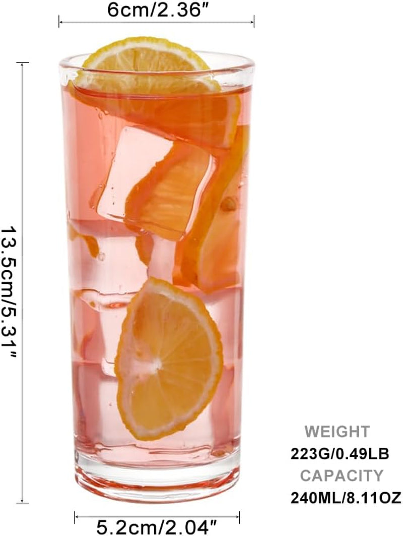 Highball Glasses Set of 6-8Oz Tall Water Glasses for Mojito, Whiskey, Cocktails - Clear Drinking Glassware for Kitchen - Tall Drinking Glasses Set for Mixed Drinks (Glass, 6PCS8OZ)