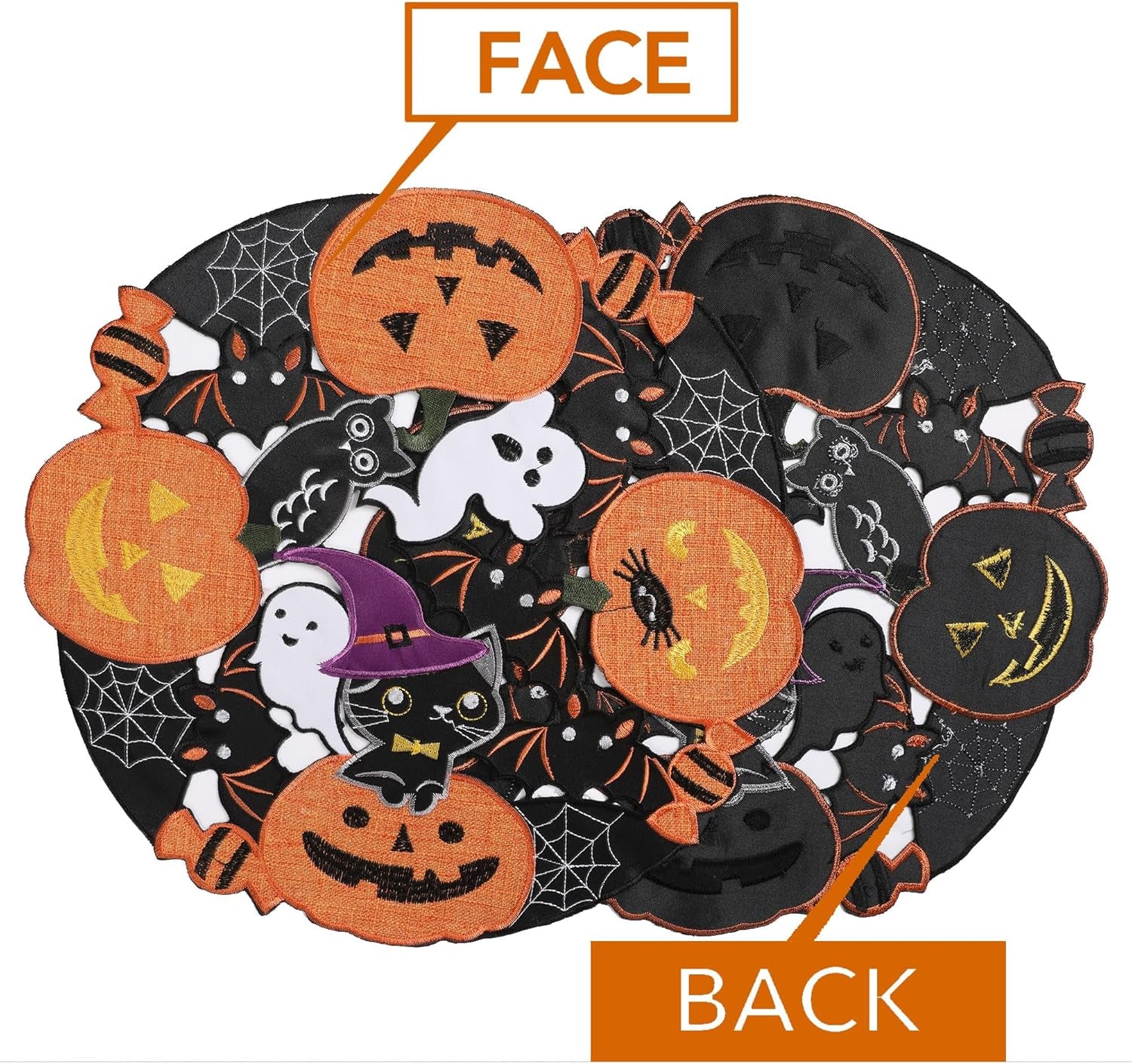 Halloween Placemats Set of 4, Embroidered Black round Placemats 15 Inches, Thanksgiving Fall Pumpkins Table Decorations for Kitchen & Dining Room, Gnomes Table Mats