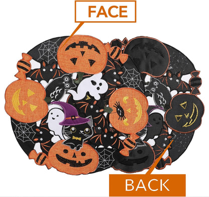 Halloween Placemats Set of 4, Embroidered Black round Placemats 15 Inches, Thanksgiving Fall Pumpkins Table Decorations for Kitchen & Dining Room, Gnomes Table Mats