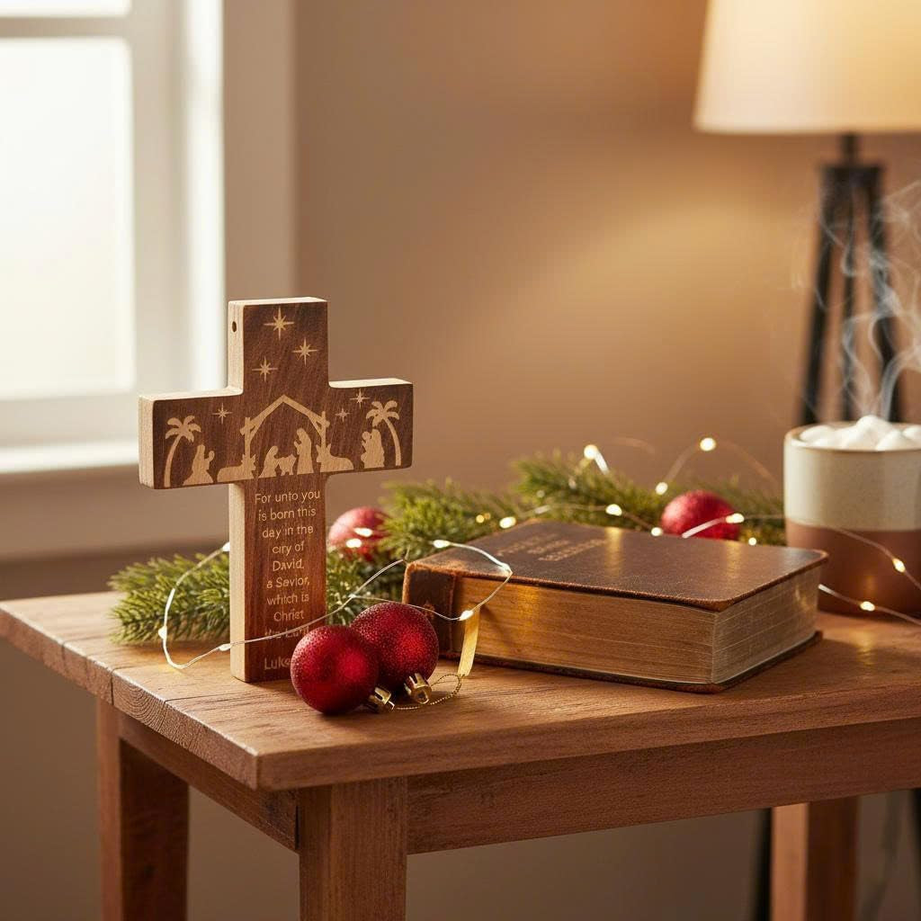 Christian Christmas Ornaments 2025, Engraved Natural Solid Wood Cross Ornament with Holy Scripture Luke 2:11, Nativity Ornaments, a Tradition Story Religious Gifts for Family, Friends, Coworker