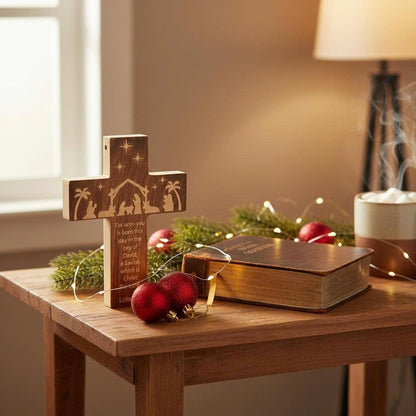 Christian Christmas Ornaments 2025, Engraved Natural Solid Wood Cross Ornament with Holy Scripture Luke 2:11, Nativity Ornaments, a Tradition Story Religious Gifts for Family, Friends, Coworker