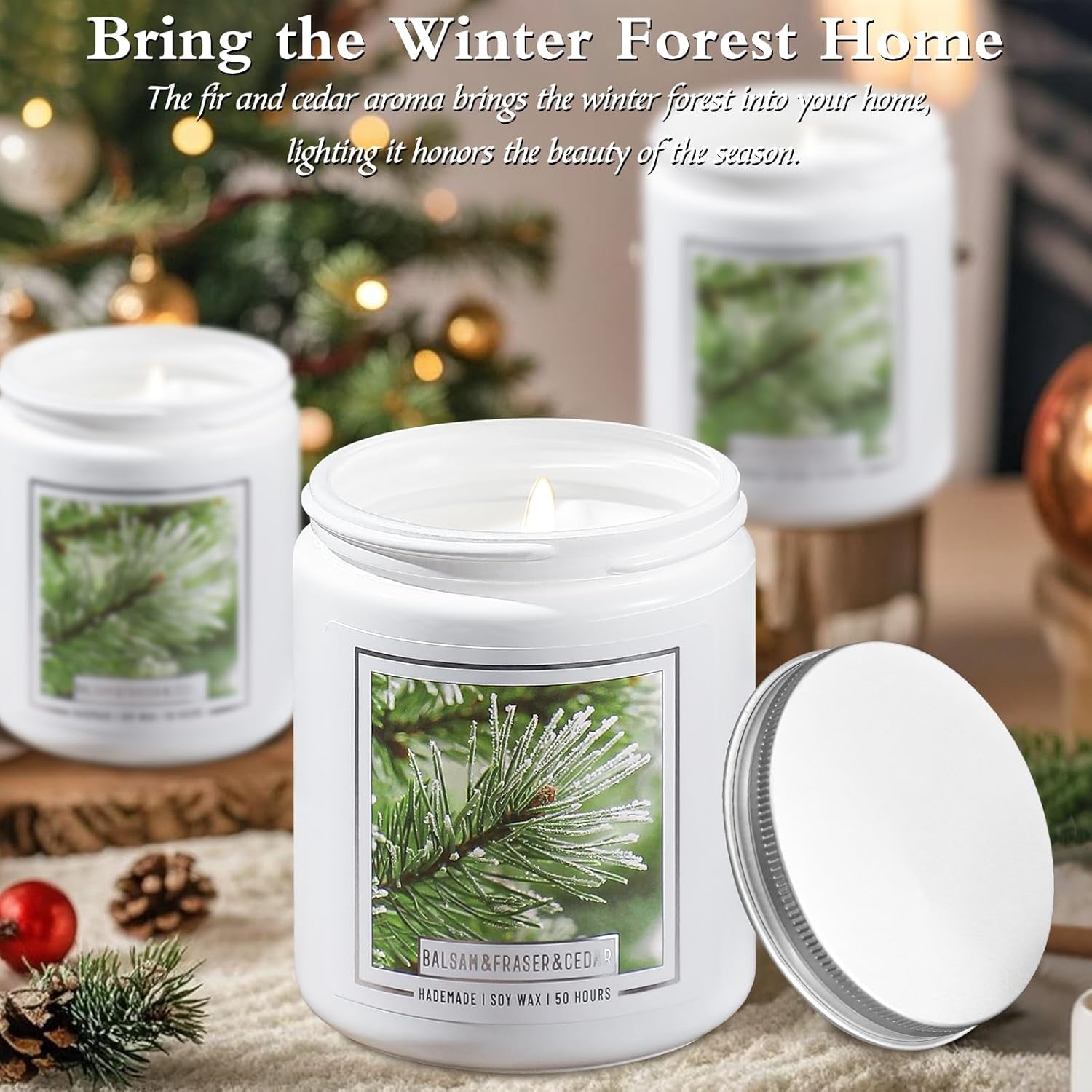 Balsam Pine Candle, Christmas Balsam Fir Candles Scented, 9Oz Holiday Candles with 50+ Hour Burn Time, Fir Cedar Tree Scent Gifts for Women