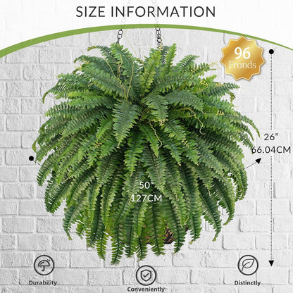 50" Artificial Boston Ferns, Fake Bush Plants, Large Faux Ferns with 96 Fronds for Outdoors Home Decor