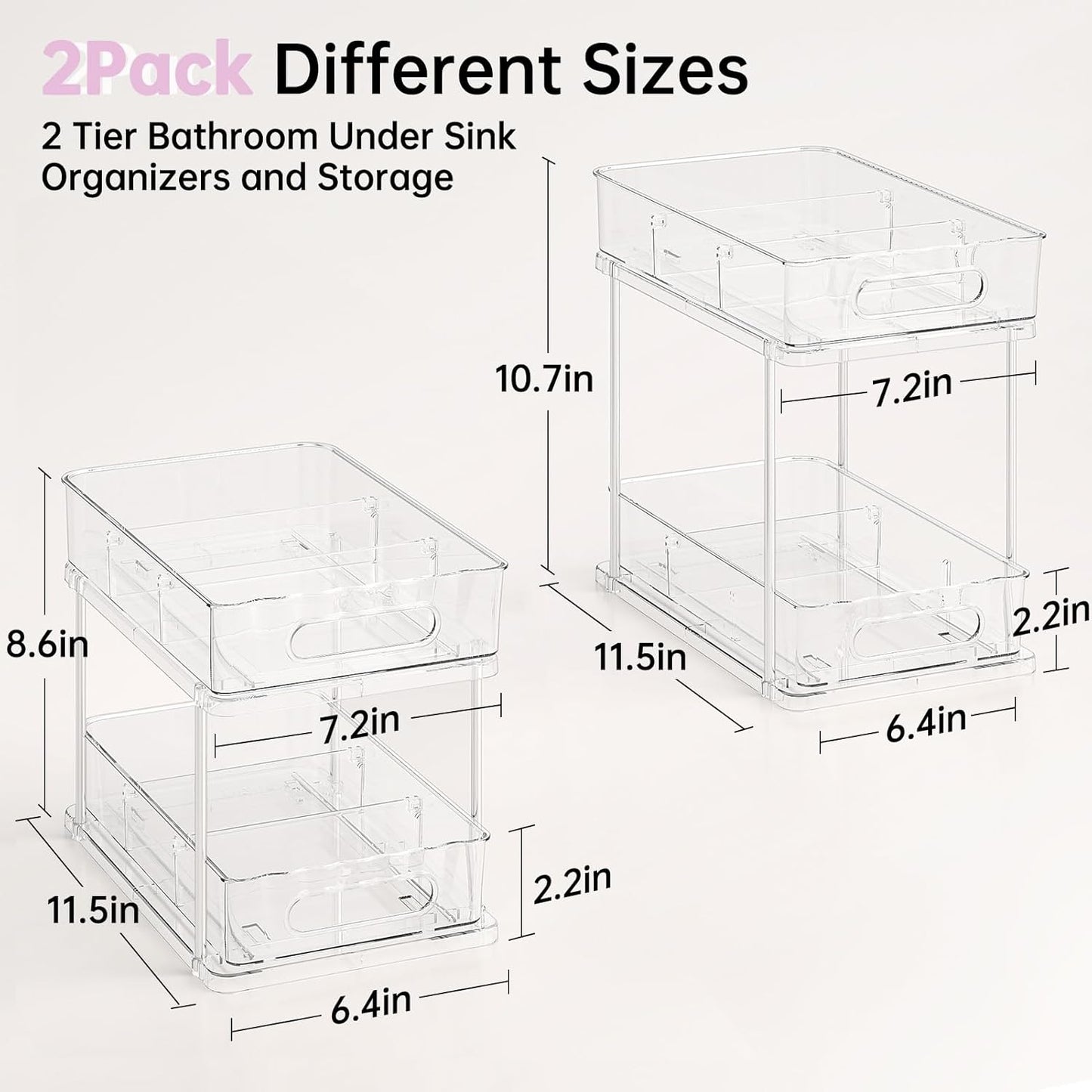 2 Pack Snap-Lock Bathroom under Sink Organizers and Storage, 2 Tier Pull Out Medicine Bathroom Cabinet Organizer, Multi-Purpose Kitchen Pantry Organization and Storage with Movable Divider