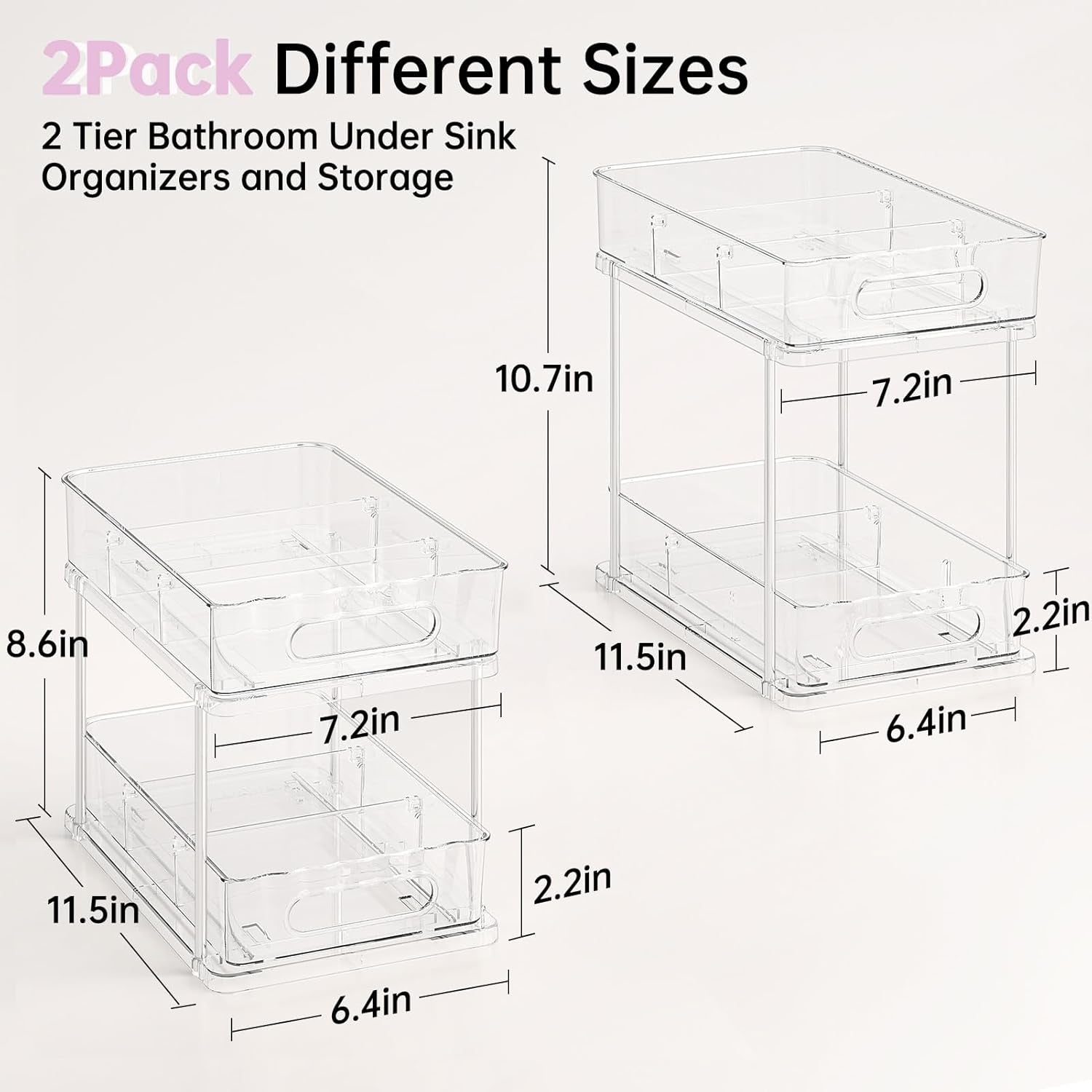 2 Pack Snap-Lock Bathroom under Sink Organizers and Storage, 2 Tier Pull Out Medicine Bathroom Cabinet Organizer, Multi-Purpose Kitchen Pantry Organization and Storage with Movable Divider