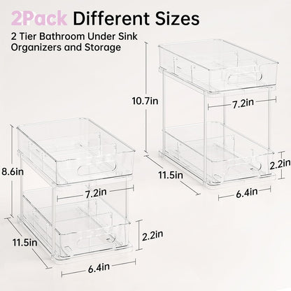 2 Pack Snap-Lock Bathroom under Sink Organizers and Storage, 2 Tier Pull Out Medicine Bathroom Cabinet Organizer, Multi-Purpose Kitchen Pantry Organization and Storage with Movable Divider