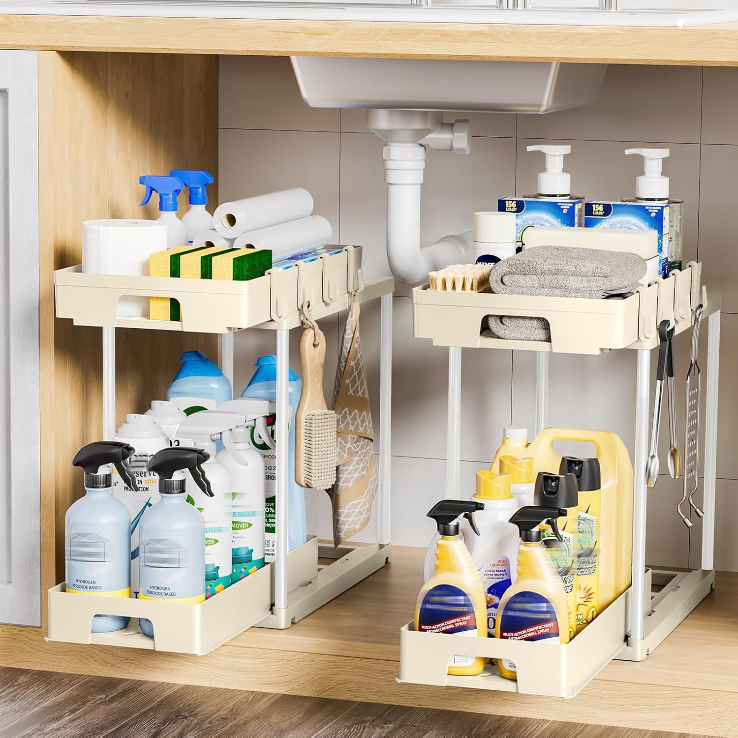 under Sink Organizers and Storage, 2 Pack Pull Out Kitchen Bathroom Cabinet Organizer, 2 Tier Beige under Sink Storage for Bathroom Kitchen
