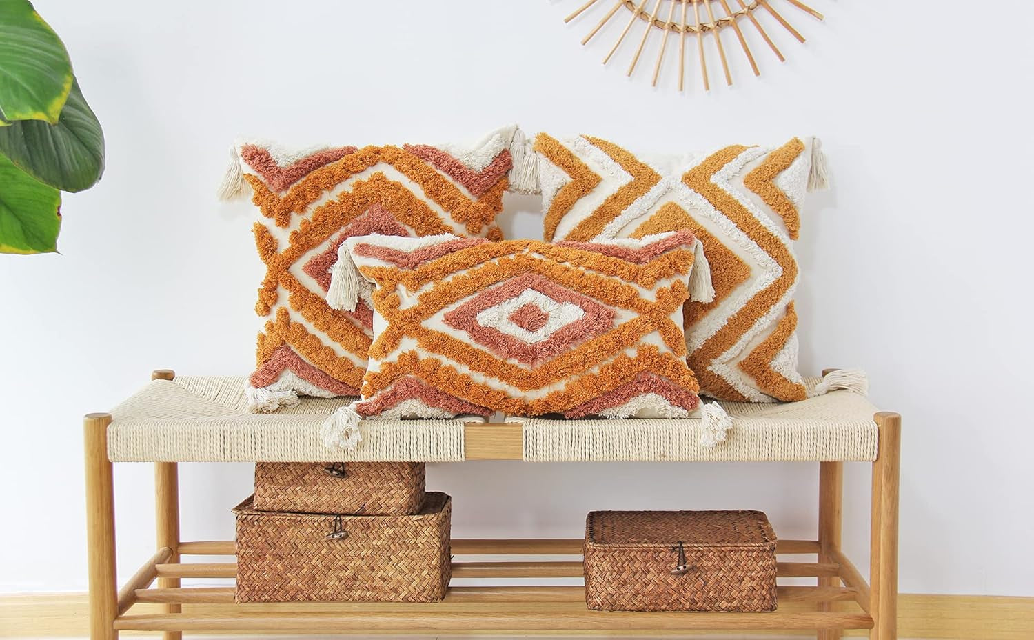 Boho Lumbar Throw Pillow Covers with Handmade Tassels Decorative Woven Tufted Orange Lumbar Pillowcase for Couch Bedroom 12 X 20 Inch