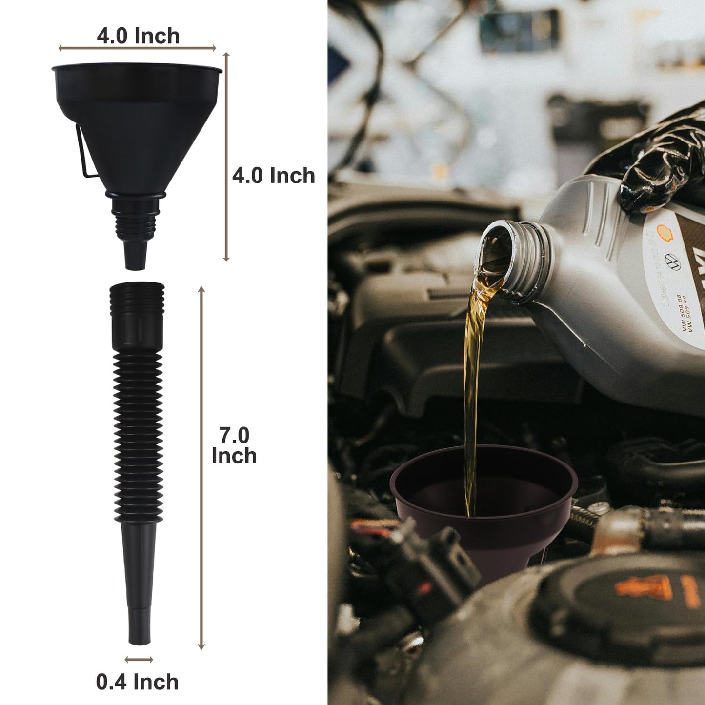 Funnels for Automotive Use Set of 10, Plastic Oil Funnel Set for Gasoline and Coolant, Fuel Funnel with Flexible Hose for Car, Large Funnels for Gas Transfer
