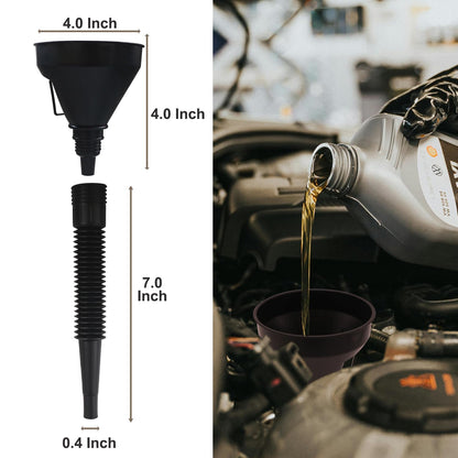 Funnels for Automotive Use Set of 10, Plastic Oil Funnel Set for Gasoline and Coolant, Fuel Funnel with Flexible Hose for Car, Large Funnels for Gas Transfer