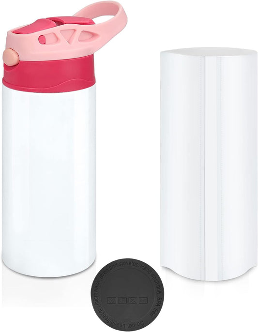 Kids Sublimation Tumbler,12Oz Sublimation Water Bottle Blanks,Straight Stainless Steel Todder Sippy Cup,Double Wall Insulated Sippy Tumbler with Handle,Shrink Films,Leak Proof (Pink)