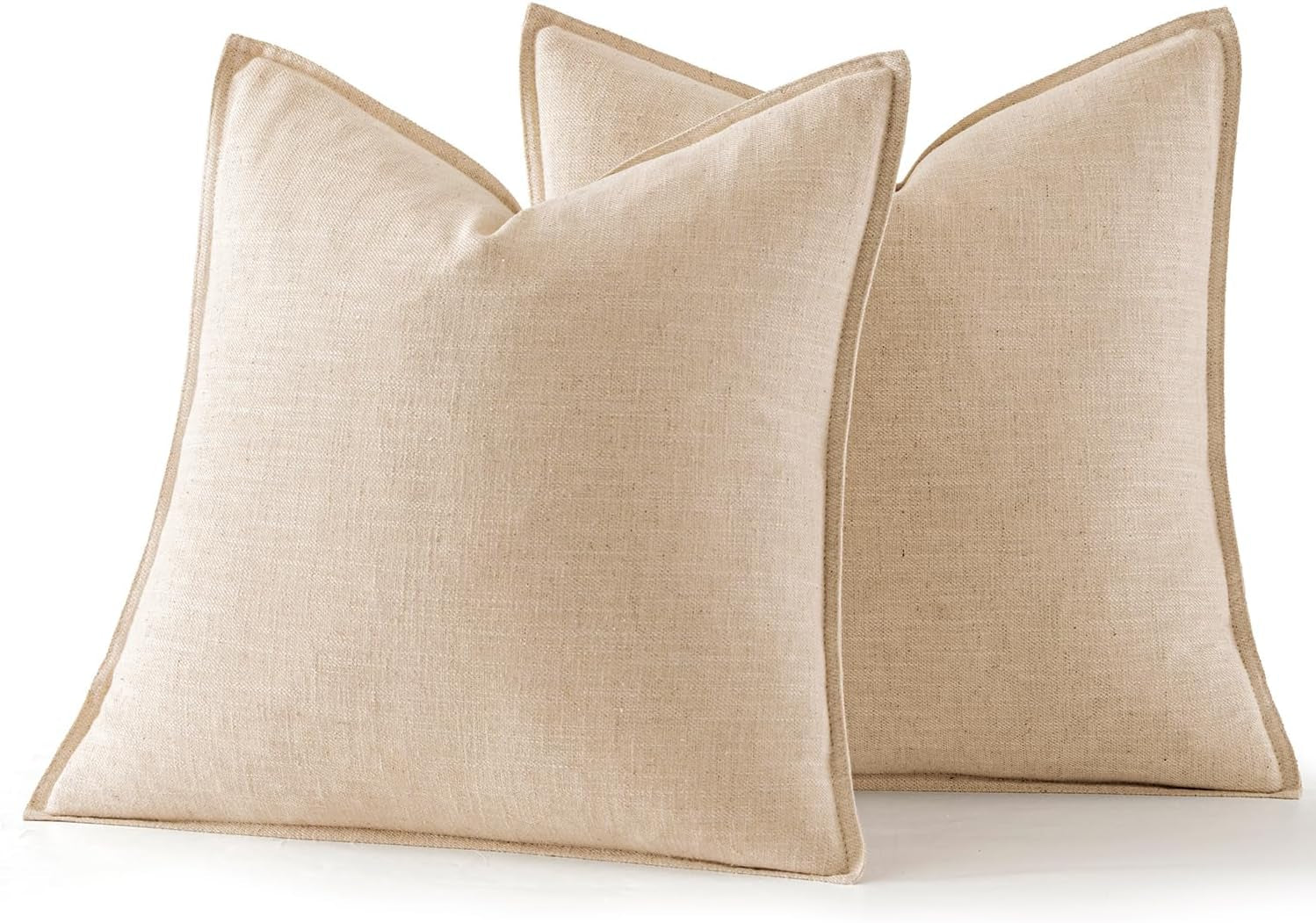 Set of 2 Decorative Linen Pillow Covers, 18x18 Inches, Natural Beige, Farmhouse-Style Neutral Throw Pillowcases for Couch, Sofa, and Bed Decor in Living Room