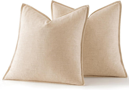 Set of 2 Decorative Linen Pillow Covers, 18x18 Inches, Natural Beige, Farmhouse-Style Neutral Throw Pillowcases for Couch, Sofa, and Bed Decor in Living Room
