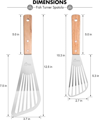 2Pcs Stainless Steel Wooden Handle Fish Spatula, Metal Spatula Flipping Foods