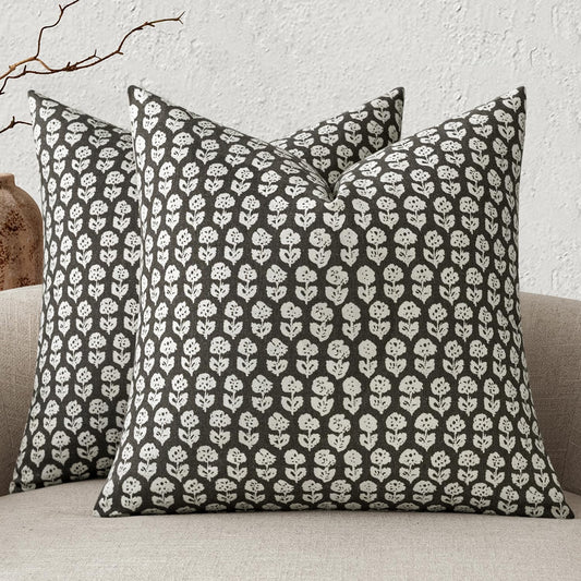 Set of 2 Vintage Floral Block Print Pillow Covers, 18x18 Inch Neutral Linen Farmhouse Cushion Cases for Couch, Sofa, Bed, and Chair in Black
