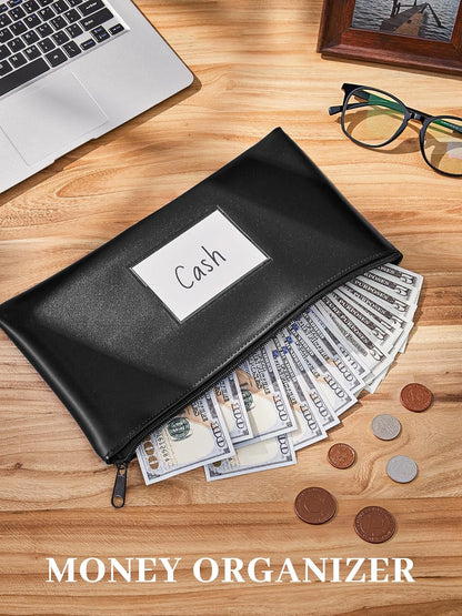 Money Bags with Zipper, 2-Pack Bank Bags with Label, Waterproof Leather Money Pouches, for Cash Coin Bill Invoice Deposit Receipt Storage and Organize, 11.5 X 6.2 Inches (Black)