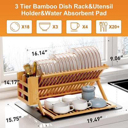 Bamboo Dish Drying Rack with Utensil Holder, 3 Tier Collapsible Dish Rack, Wooden Dish Racks for Kitchen Counter, Large Folding Drying Holder with Absorbent Dish Drying Mat