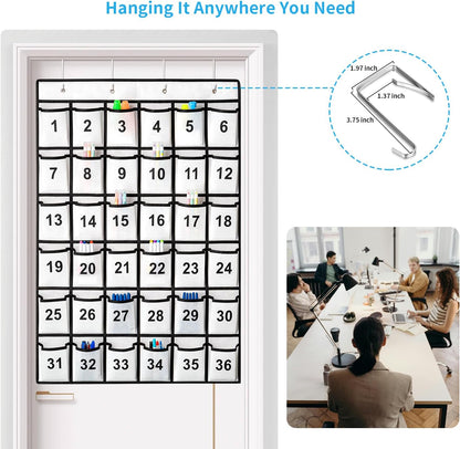 36-Pocket Numbered Classroom Pocket Chart for Cell Phone and Calculator Storage with 4 Stainless Steel Hooks (White)