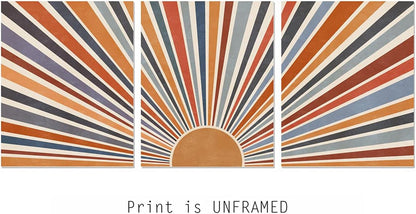Sun Rays Print Boho Wall Decor Mid Century Modern Geometric Sunshine Wall Art Abstract Sun Boho Print Nursery Blue Orange Decor Set of 3 UNFRAMED 11X14INCH