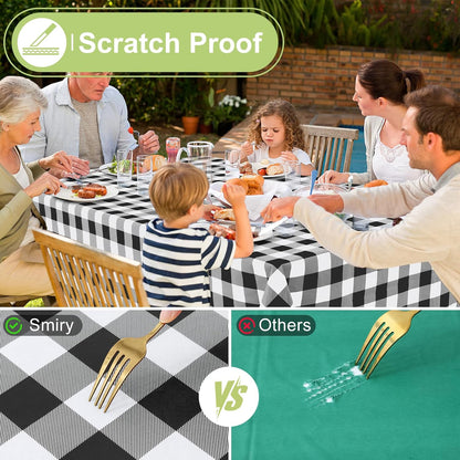 Rectangular Waterproof Vinyl Tablecloth with Flannel Backing, Wipeable Buffalo Plaid Design for Indoor and Outdoor Dining (Black & White, 60" x 84")