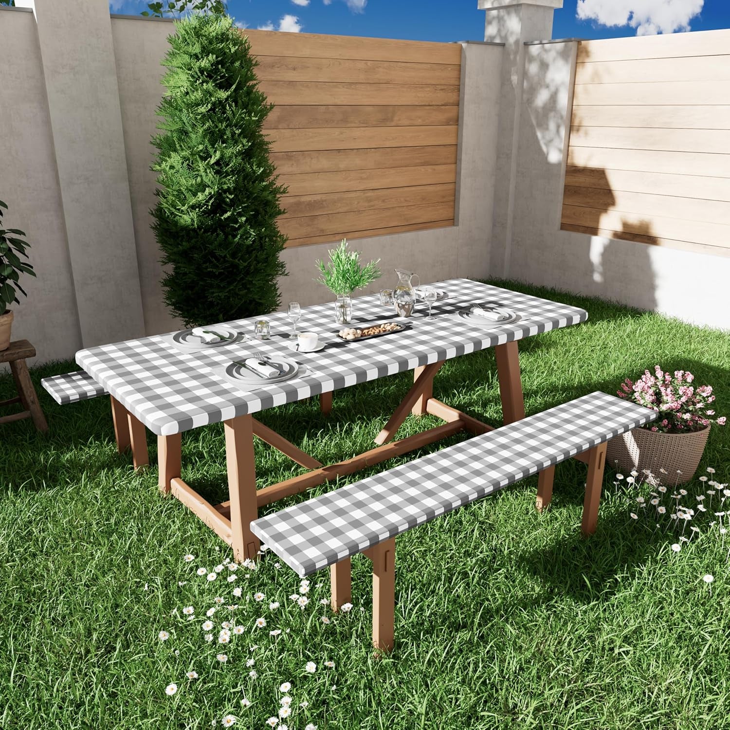 Waterproof Elastic Fitted Picnic Tablecloths - 2 Pack for 6FT Rectangle Tables, Washable Polyester Buffalo Plaid Design for Camping, Dining, and Outdoor Use (Grey & White, 30" X 72")