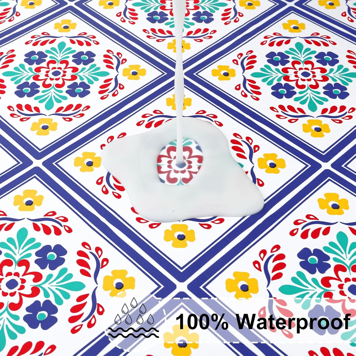 round Fitted Tablecloth with Elastic Edge, 100% Waterproof Oil Proof Plastic Table Cover, Vinyl Flannel Backed Tablecloth Fits 36"-44" round Tables for Dinner, Outdoor, Picnic, Geometric Flower