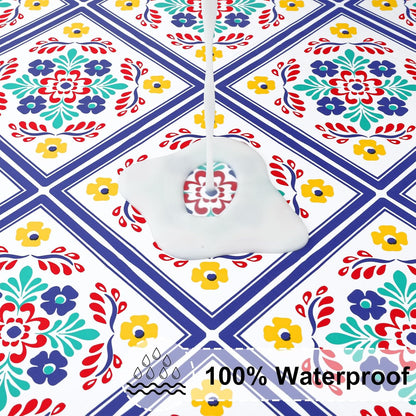 round Fitted Tablecloth with Elastic Edge, 100% Waterproof Oil Proof Plastic Table Cover, Vinyl Flannel Backed Tablecloth Fits 36"-44" round Tables for Dinner, Outdoor, Picnic, Geometric Flower