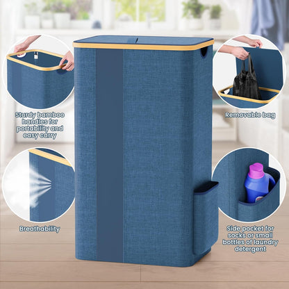 100L Laundry Basket with Lid and Removable Bag, Breathable Design Hamper with Handles for Bedroom, Bathroom, Dorm, and Laundry Room - Light Blue
