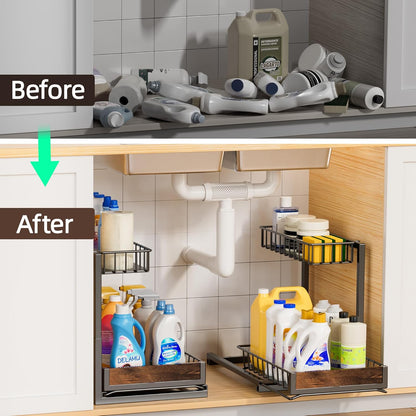 2 Pack under Sink Organizer and Storage, Height Adjustable under Kitchen Sink Organizer, 2 Tier Pull Out under Cabinet Organizer, Black under Counter Storage for Kitchen Bathroom