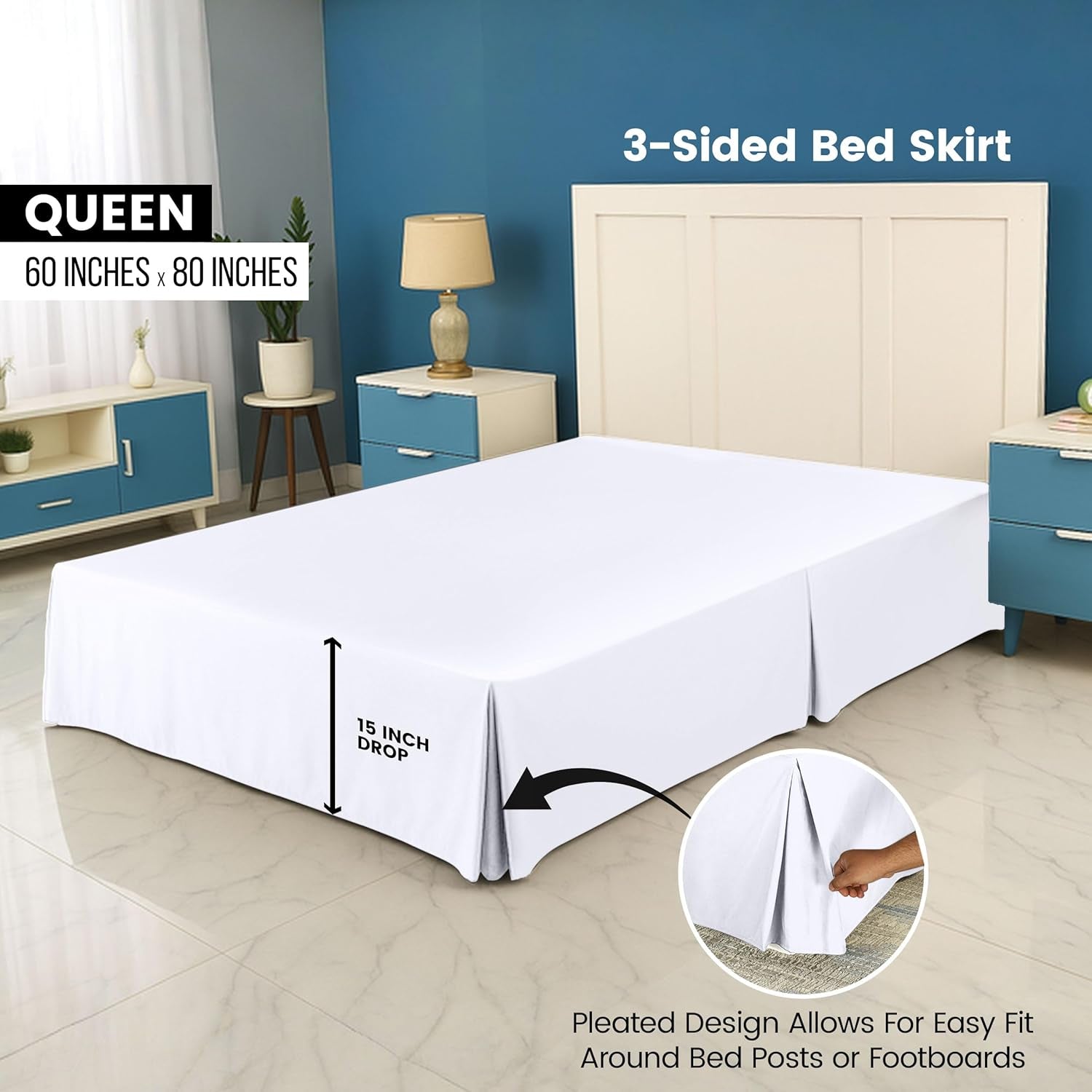 Queen Bed Skirt - Soft Quadruple Pleated Ruffle - Easy Fit with 16 Inch Tailored Drop - Hotel Quality, Shrinkage and Fade Resistant (Queen, White)