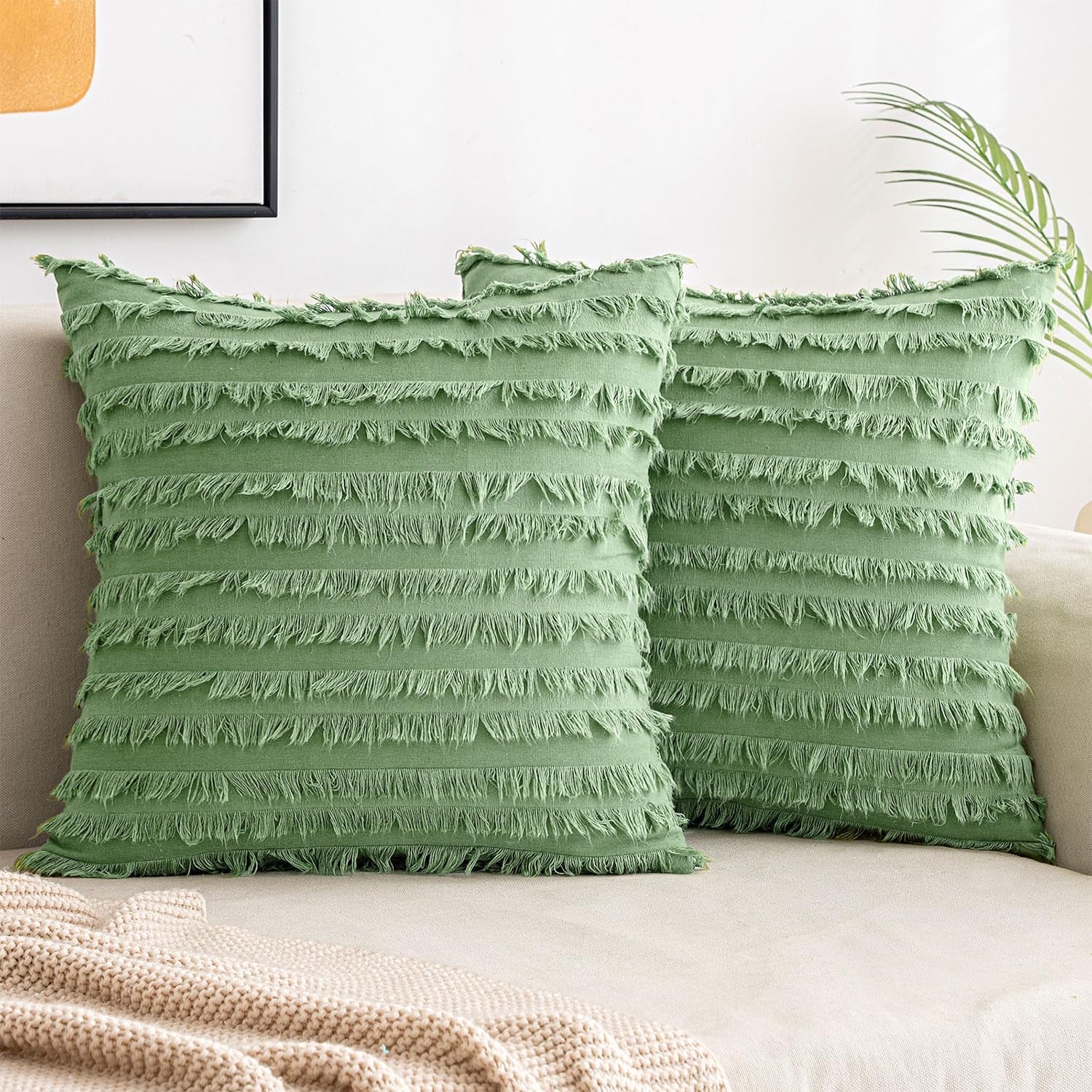 Set of 2 Decorative Boho Throw Pillow Covers Linen Striped Jacquard Pattern Cushion Covers for Spring Sofa Couch Living Room Bedroom 18X18 Inch Grass Green