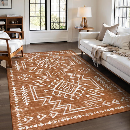 5X7 Boho Rugs for Living Room, Washable Bedroom Western Area Rug, Low Pile Soft Burnt Orange Carpet, Stain Resistant Distressed Fall Rug Aztec Carpets for Dining Room
