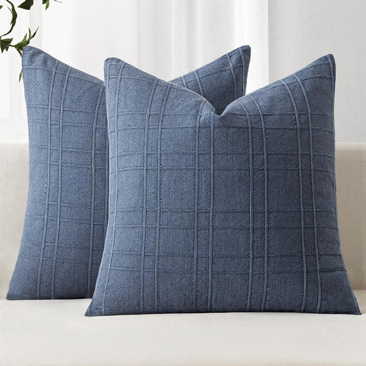 Decorative Linen Check Throw Pillow Covers Neutral Farmhouse Vintage Pillow Covers 18X18 Inch Set of 2 Boho Modern Home Decor for Sofa Couch Bedroom Cushion Chair Blue