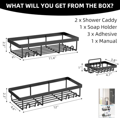 3-Pack Shower Caddy Basket Shelf with Soap Holder, No Drilling Traceless Adhesive Shower Wall Shelves, Rustproof Black Bathroom Shower Storage Organizer