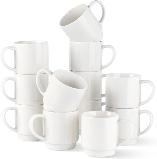 Stackable Ceramic Coffee Mugs Set of 12, 11oz Porcelain Mugs for Latte, Cappuccino, and Cocoa - Dishwasher and Microwave Safe, Off White