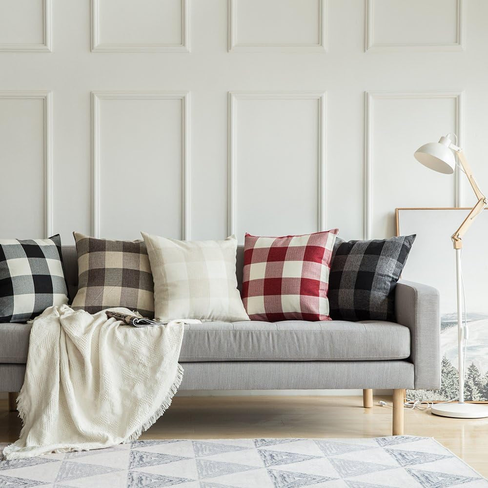 Pack of 2 Christmas Classic Farmhouse Buffalo Check Plaids Linen Soft Soild Decorative Square Porch Throw Pillow Covers Home Decor Cushion Case for Sofa Bedroom 18X18 Inch, White and Red