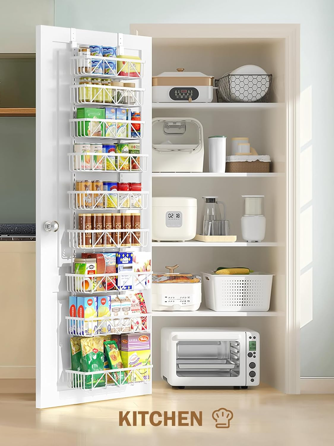 Adjustable over the Door Pantry Organizer, 9-Tier Metal Pantry Organization and Storage for Kitchen, Hanging Spice Rack Seasoning Shelves, Cabinet Door Organizer for Easy Install, 16" White