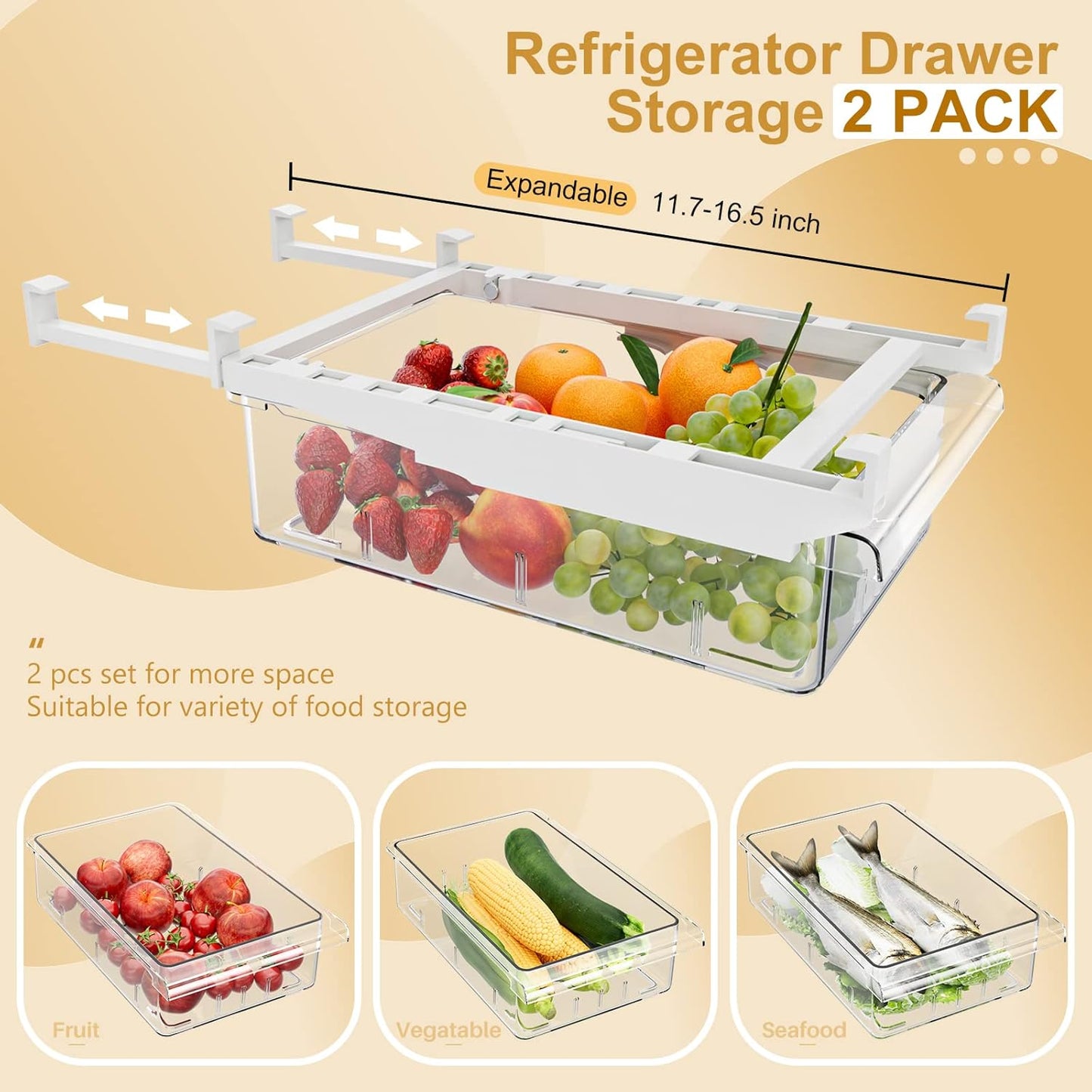 2 Pack Refrigerator Drawer Organizer, Pull Out Shelf Storage Transparent Organizer for Egg, Fruit, Vegetable, Seafood, Meat, Fit All Fridge Shelves under 0.6''