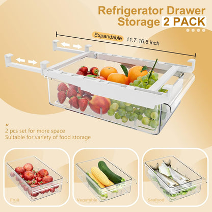 2 Pack Refrigerator Drawer Organizer, Pull Out Shelf Storage Transparent Organizer for Egg, Fruit, Vegetable, Seafood, Meat, Fit All Fridge Shelves under 0.6''