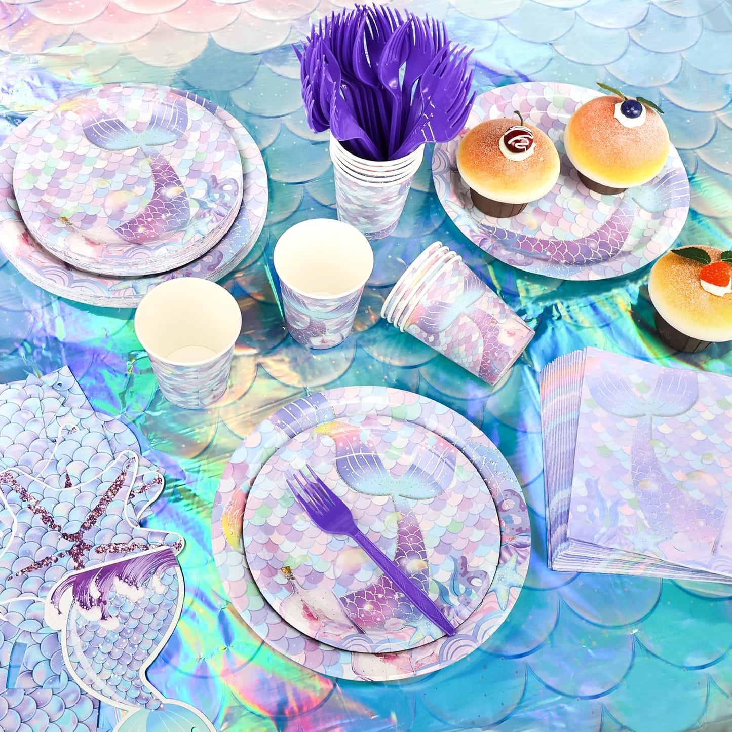 Mermaid Party Decorations, Mermaid Theme Party Supplies for 24 Guests, Disposable Mermaid Party Decorations Tableware Set, Plates, Napkins, Cups, Tablecloth with Banner
