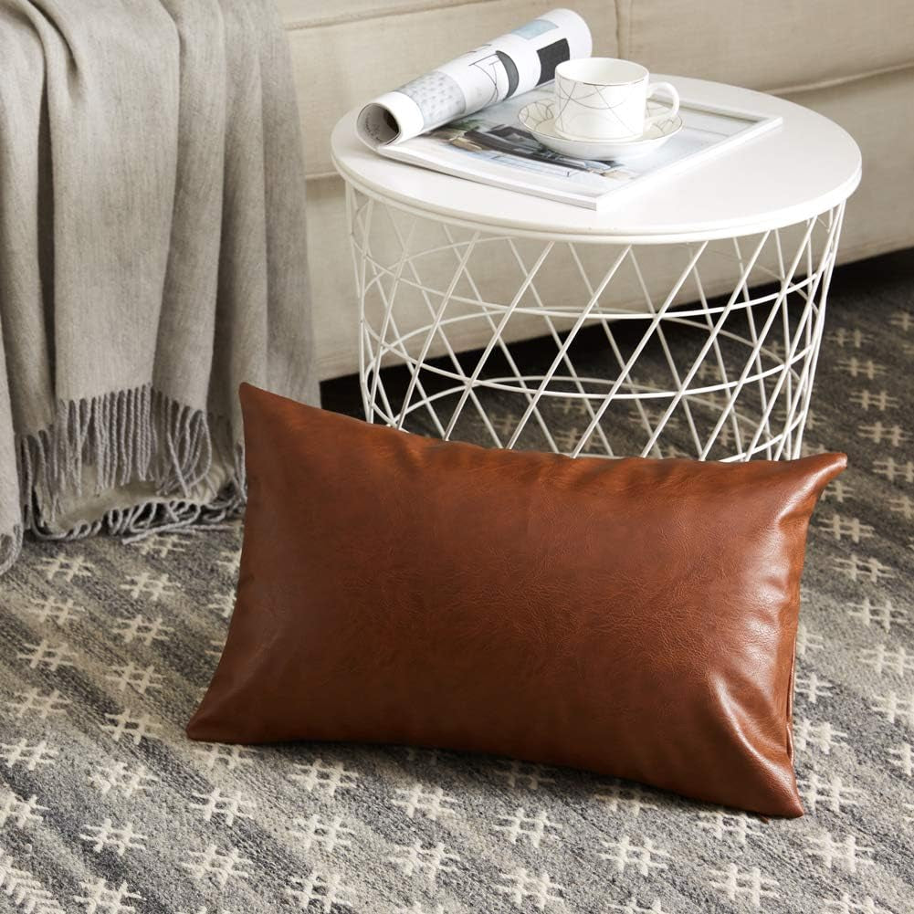 Faux Leather Boho Decorative Throw Pillow Covers, Thick Modern Solid Square Cushion Case Set for Couch Sofa Bedroom Car Living Room (12X20 Inch/30X50 Cm, Brown)