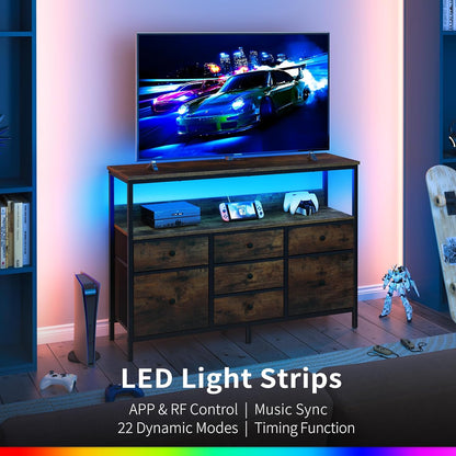LED TV Stand for Bedroom, 50 Inch Kids Dresser with Power Outlets, 7 Drawers Entertainment Center with Storage Shelf, Living Room Console