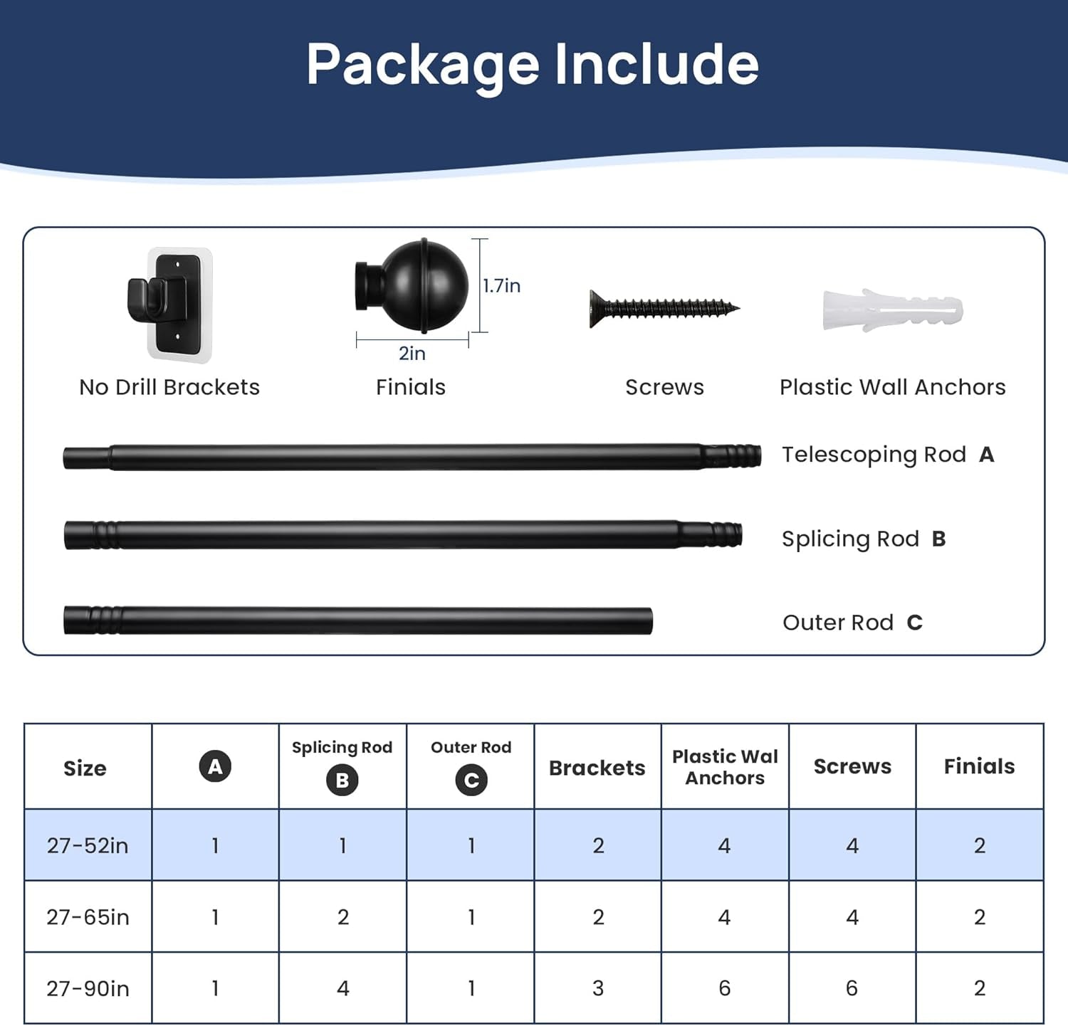 2 Pack No Drill Curtain Rods for Window 28 to 48 Inches, 5/8 Inch Diameter Renter Friendly Drapery Rod with Adhesive Brackets without Drilling, Adjustable from 27 to 52 Inches, Black